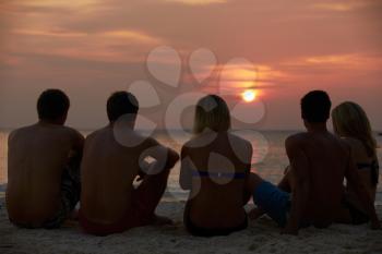 Silhouette Of Friends Sitting On Beach