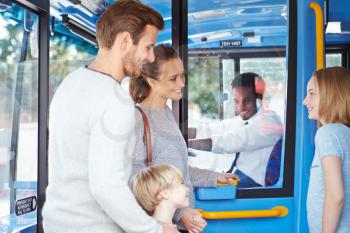 Family Boarding Bus And Buying Ticket