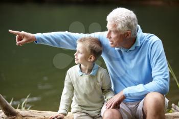 Grandfather and grandson sitting by lake