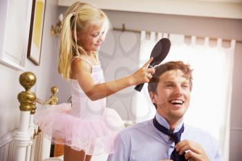Daughter Helps Father To Get Ready For Work By Brushing Hair