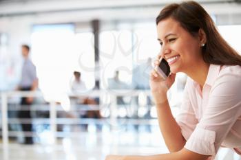 Portrait of smiling woman in office with telephone