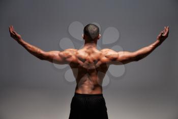 Male bodybuilder raising his arms, back view