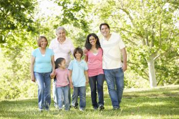 Multi Generation Hispanic Family Walking In Park