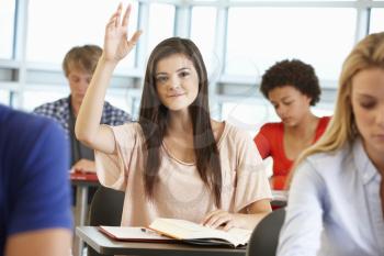 Teenage girl with hand up in class