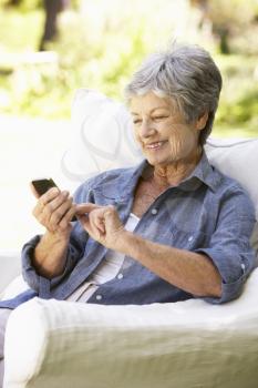 Senior Woman Sending Text Message Sitting On Sofa
