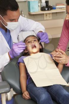 Young Girl Having Check Up At Dentists Surgery With Mother