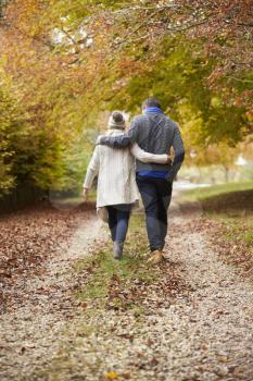 Rear View Of Couple Walking Along Autumn Path