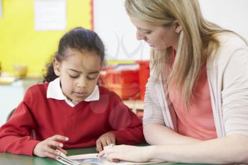 Teacher Helping Female Pupil With Practising Reading At Desk