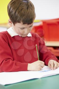 Male Pupil Practising Writing At Table