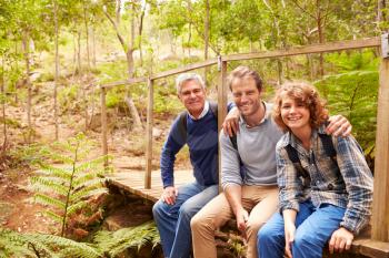Three generations of men on a bridge in a forest, portrait