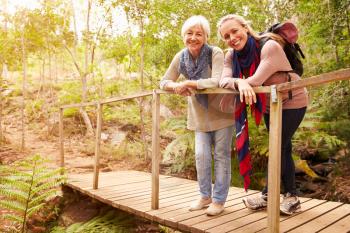 Mother and adult daughter on a bridge in a forest, to camera
