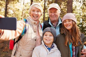 Senior woman taking outdoor selfie with grandkids and spouse