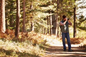 Man taking photographs in forest with copyspace, California, USA