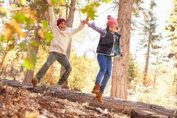 Children Having Fun And Balancing On Tree In Fall Woodland
