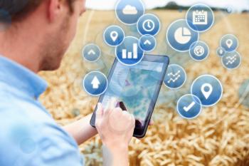Composite Of Farmer In Field Accessing Data On Digital Tablet