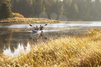 Two young men kayaking on a lake, tall grass in foreground