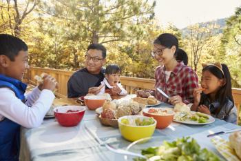 Asian family eating outside at a table on a deck in a forest