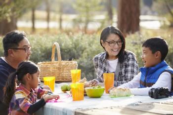 Asian family at a picnic table looking at each other