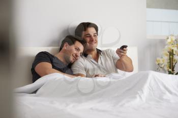 Male gay couple relax in bed together watching TV