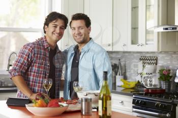 Smiling male gay couple preparing a meal look to camera