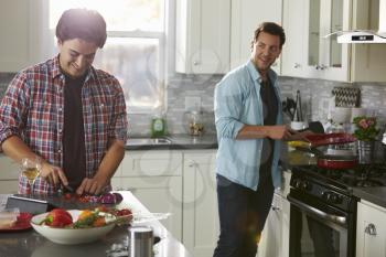 Man cooking turns to boyfriend, who is chopping ingredients