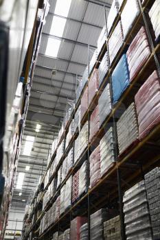 Low angle vertical view of stock in a distribution warehouse