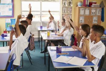 Pupils raise hands in a lesson at primary school, side view