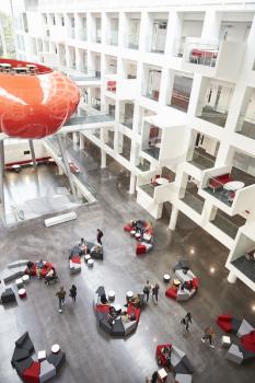Modernist interior of a university atrium, vertical