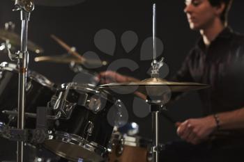 Close Up Of High Hat Cymbals On Drummer's Drum Kit
