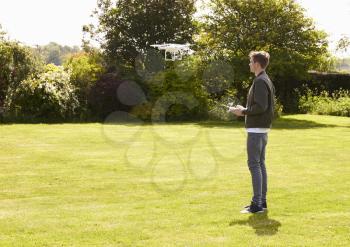 Man Flying Drone Quadcopter In Garden