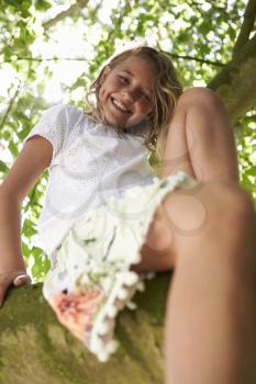 Portrait Of Young Girl Climbing Tree