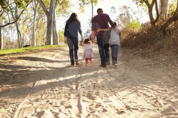 Mixed race family walking on rural path, back view