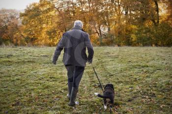 Senior Man Taking Dog For Walk In Autumn Landscape