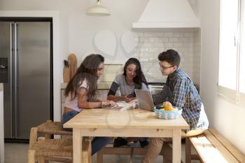 Three teens studying in a kitchen using computers, side view