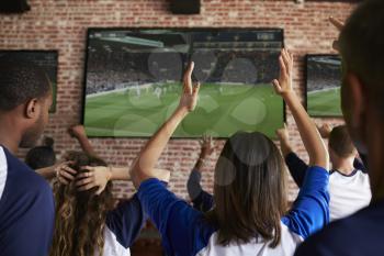 Rear View Of Disappointed Friends Watching Game In Sport Bar