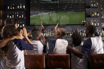 Rear View Of Friends Watching Game In Sports Bar Celebrating