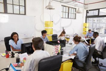 Young adult colleagues working in an open plan office