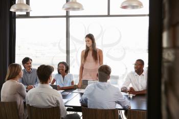 Young woman standing at a meeting in a business boardroom