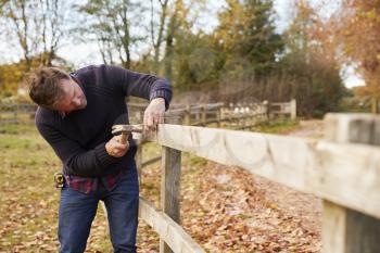 Mature Man Hammering Nail Into Repaired Fence
