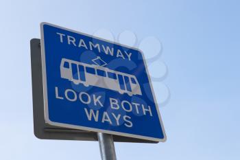 Manchester, UK - 10 May 2017: Look Both Ways Warning Sign On Tram Network In Manchester