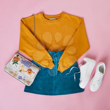 Flat Lay Shot Of Female Parisian Style Clothing And Accessories
