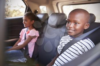 Smiling girl and boy in the back of car on family road trip