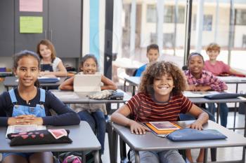 Portrait of elementary school pupils sitting at their desks