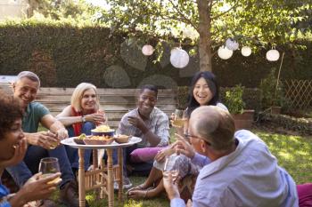 Group Of Mature Friends Enjoying Drinks In Backyard Together