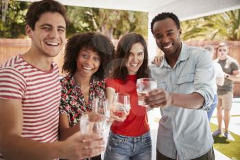 Adult friends at a backyard party raising glasses to camera