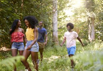 Two black adult couples enjoying a Summer hike in the forest