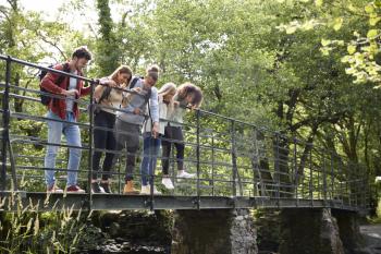 Multi ethnic group of five young adult friends standing on tiptoes looking down from a bridge during a hike