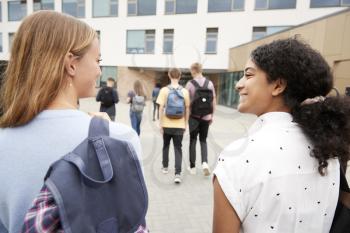 Rear View Of Two Female High School Students Walking Into College Building Together