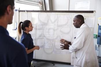 Engineer instructs two apprentices at white board, close up