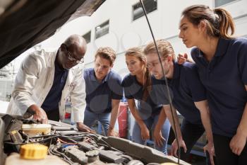 Mechanic instructing trainees around a car engine, low angle